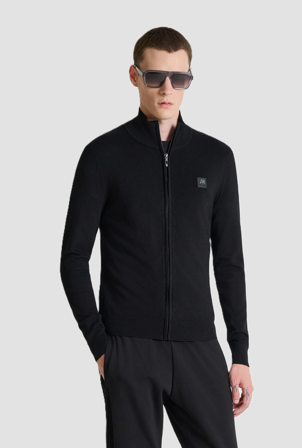 Maglia full zip con patch da uomo nero 