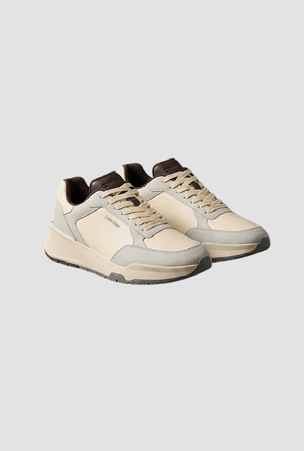 Scarpe runner in pelle da uomo  panna-grigio 