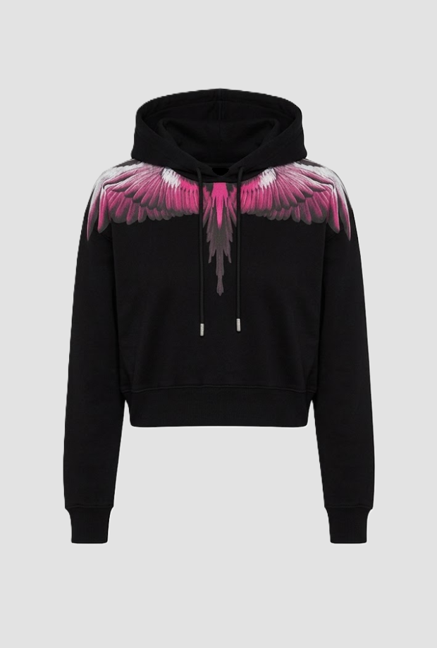 Felpa wings crop con cappuccio donna nero-rosa 