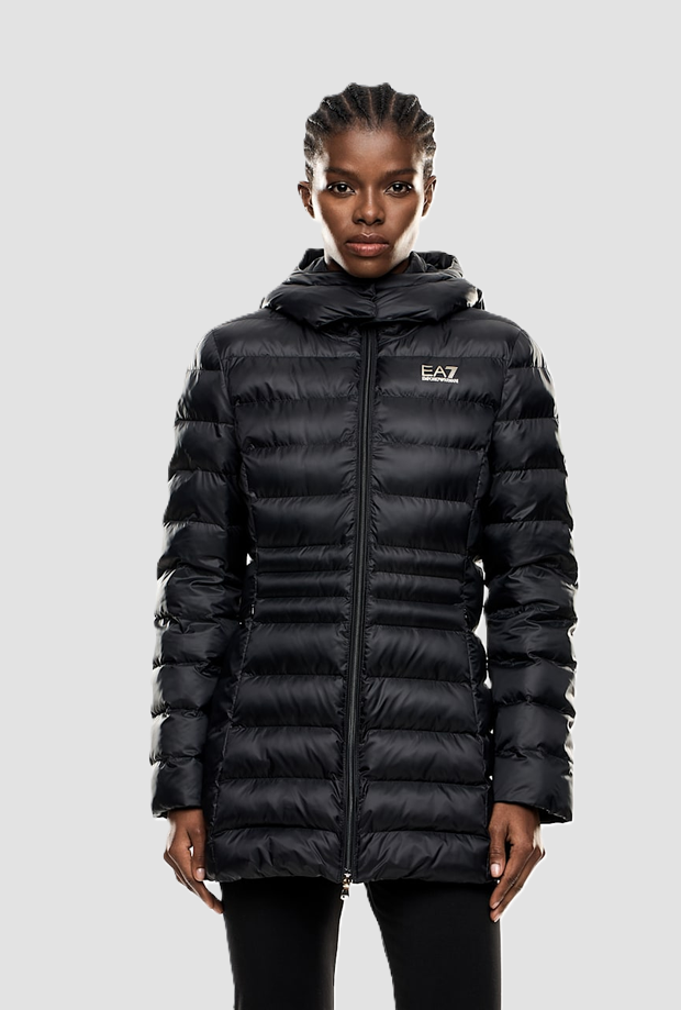 Cappotto trapuntato con cappuccio da donna nero 