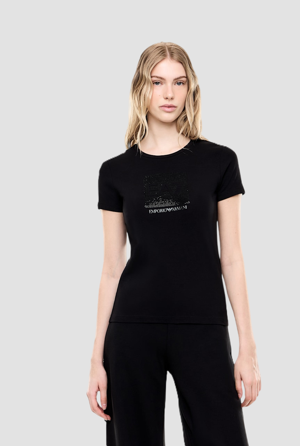 T-shirt con logo in strass da donna nero 