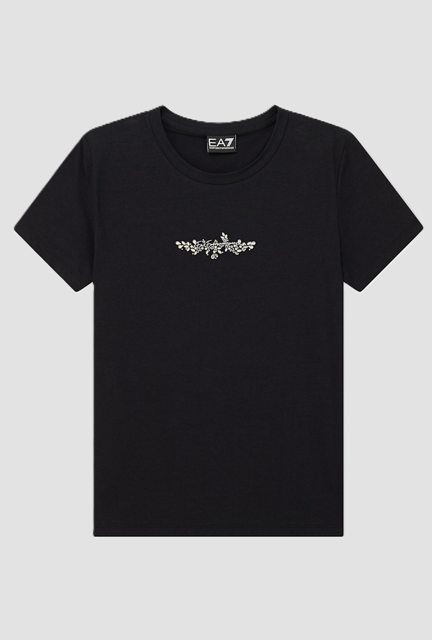 T-shirt con motivo in strass da donna nero 