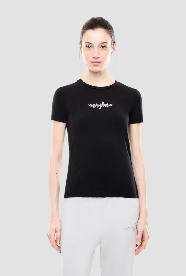 T-shirt con motivo in strass da donna nero 