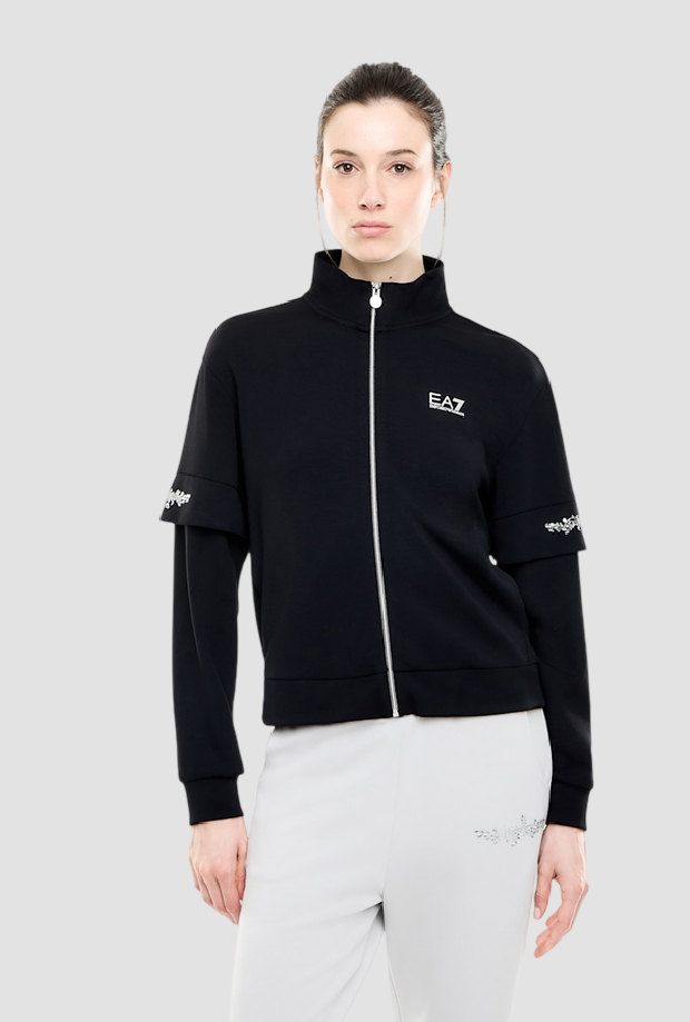 Felpa full zip con dettagli in strass sulle maniche da donna nero 