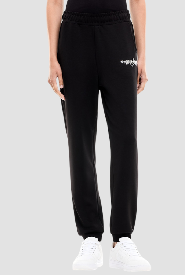 Pantalone con logo in strass da donna nero 