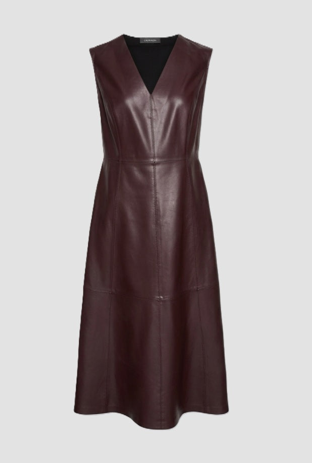 Abito in pelle con scollo a V donna mosto 