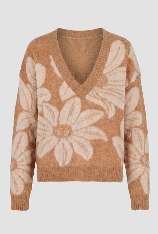 Maglia con scollo a V misto lana donna biscotto 