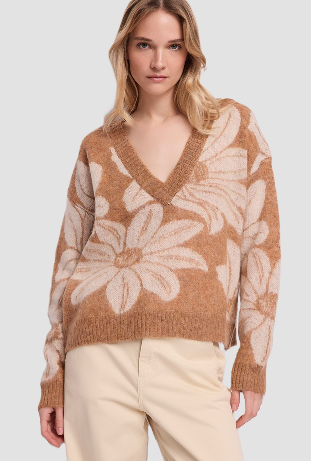 Maglia con scollo a V misto lana donna biscotto 