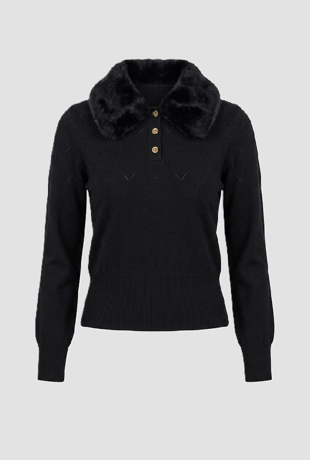 Polo con colletto in ecopelliccia donna nero 