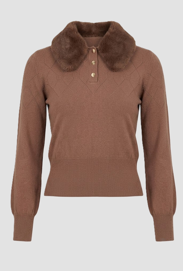 Polo con collo in ecopelliccia donna marrone 
