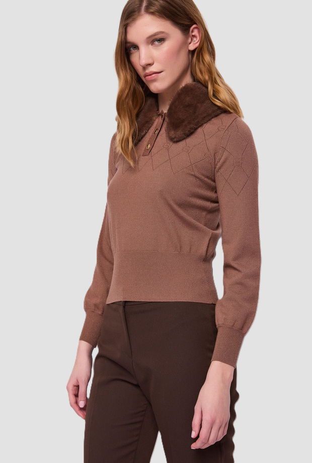 Polo con collo in ecopelliccia donna marrone 