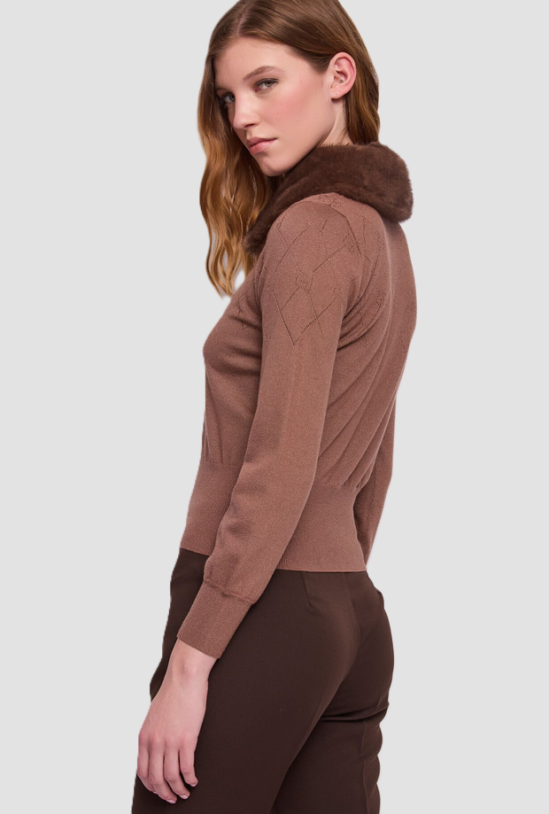 Polo con collo in ecopelliccia donna marrone 