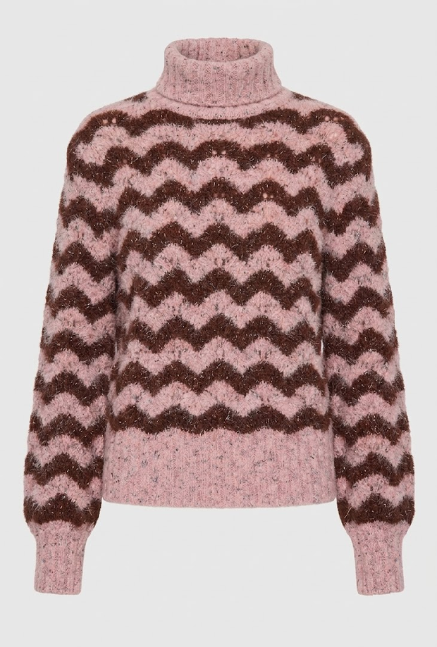 Dolcevita con motivo a zig-zag donna rosa-marrone 