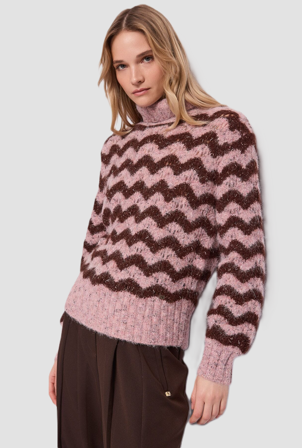Dolcevita con motivo a zig-zag donna rosa-marrone 