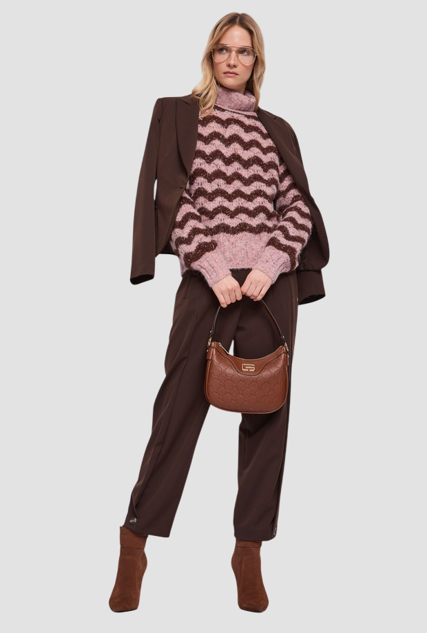 Dolcevita con motivo a zig-zag donna rosa-marrone 