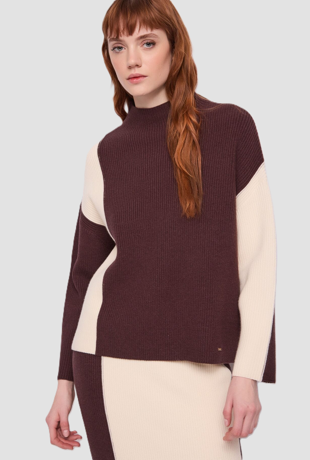 Maglia color block donna panna-marrone 