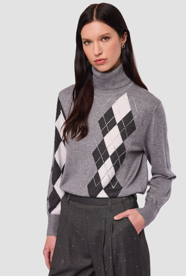 Maglia dolcevita con i rombi da donna grigio 