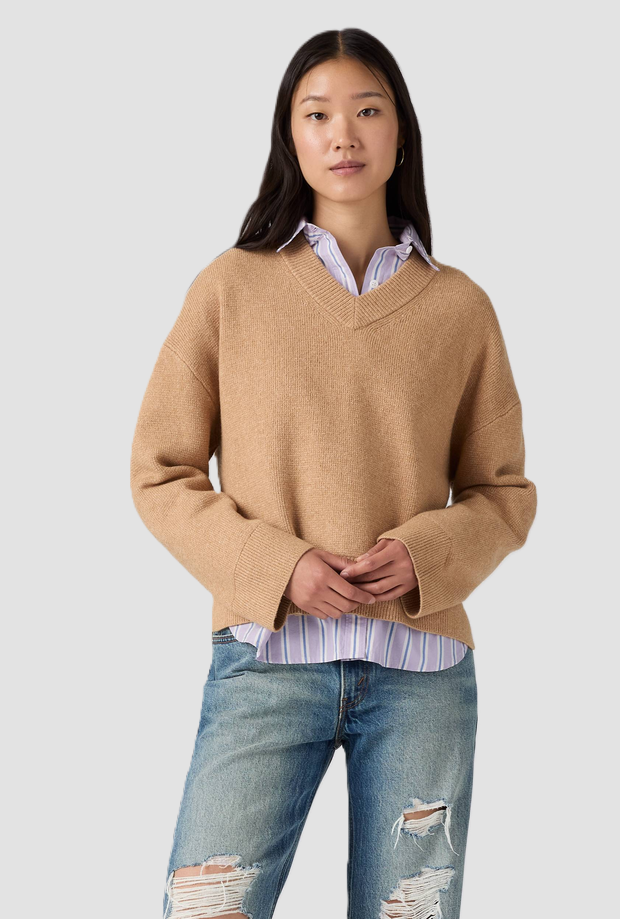 Maglia con scollo a V donna cammello 