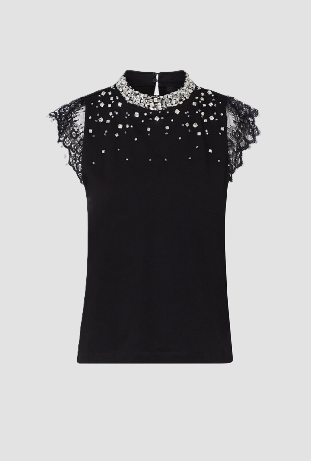 T-shirt con pizzo e strass donna nero 