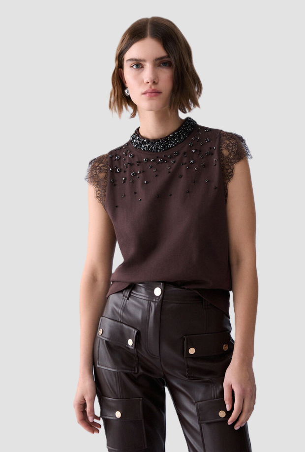 T-shirt con strass donna moka 