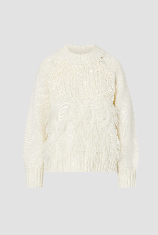 Maglia con piume e paillettes donna burro 