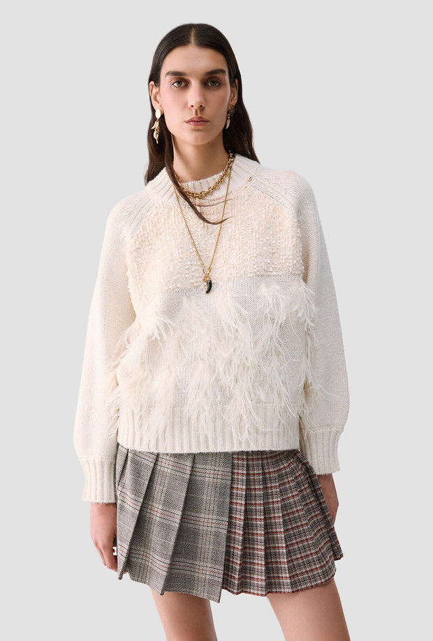 Maglia con piume e paillettes donna burro 