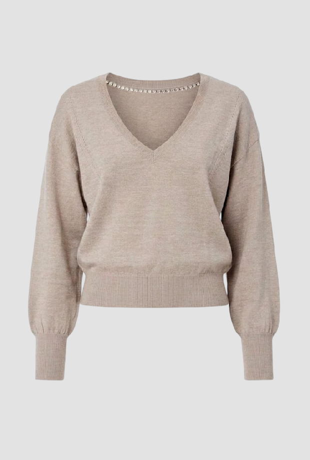 Maglia a V con gioiello donna tortora 
