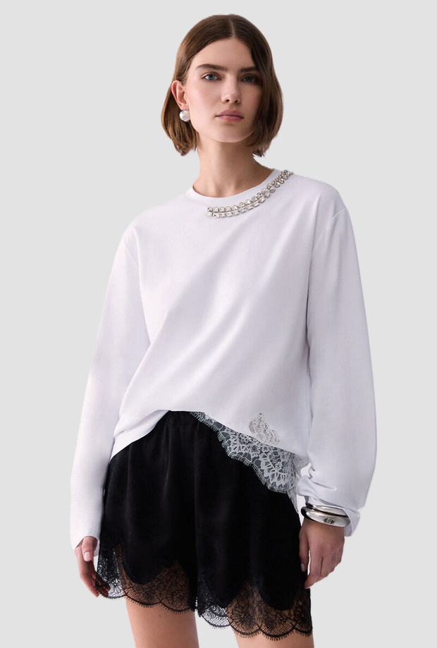 T-shirt con pizzo e gioiello donna bianco 