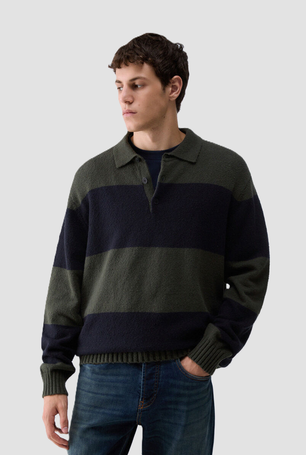 Polo a righe in maglia uomo verde-blu 