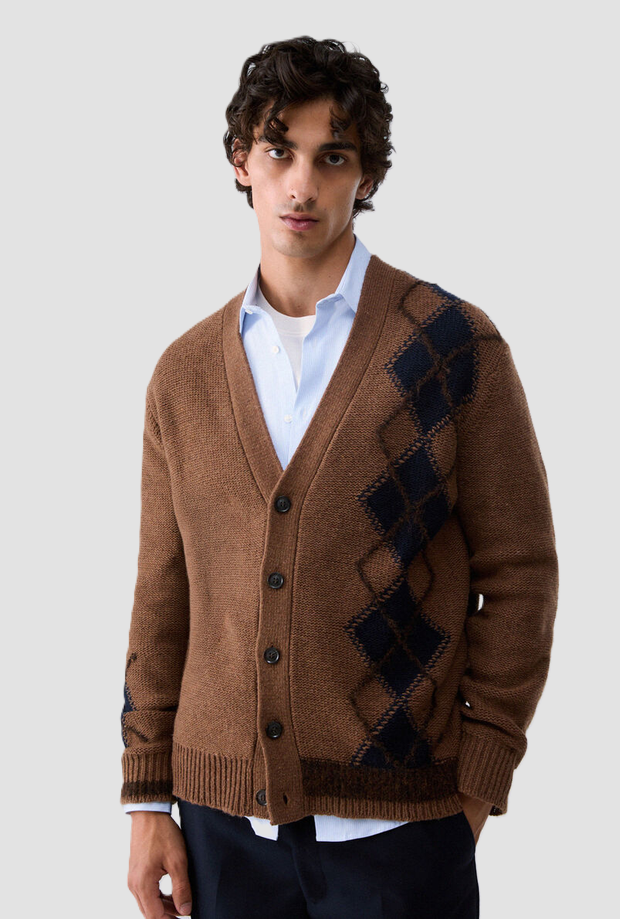 Cardigan a rombi uomo marrone 