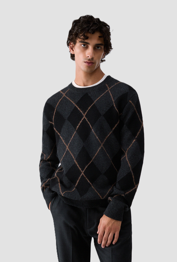 Maglia misto lana a rombi uomo grigio scuro 