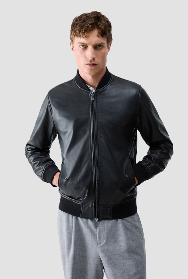 Bomber in pelle da uomo nero 