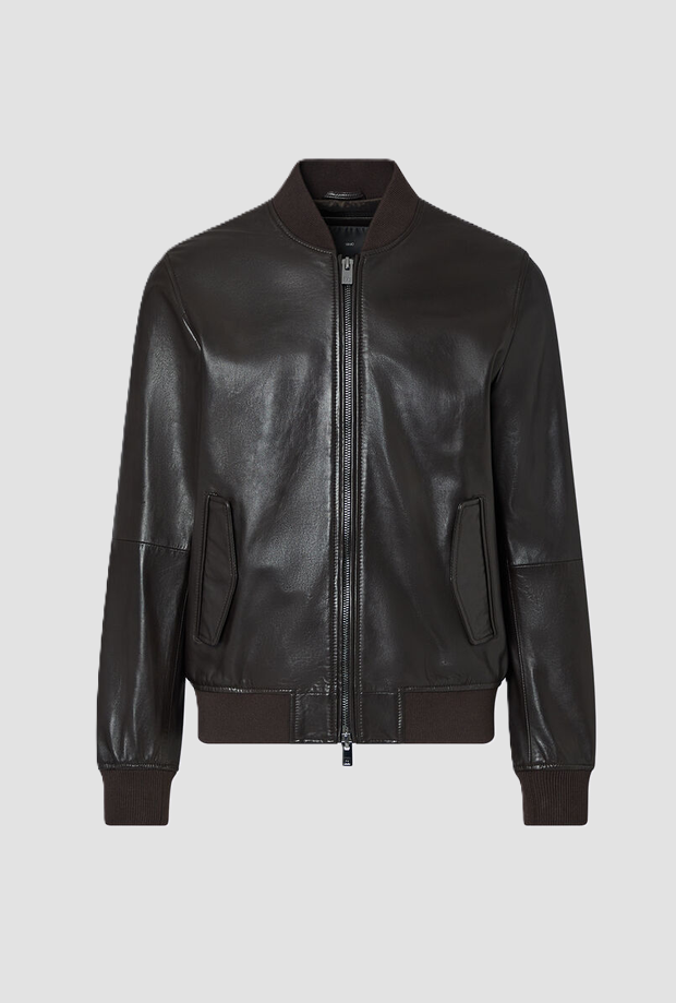 Bomber in pelle da uomo marrone scuro 