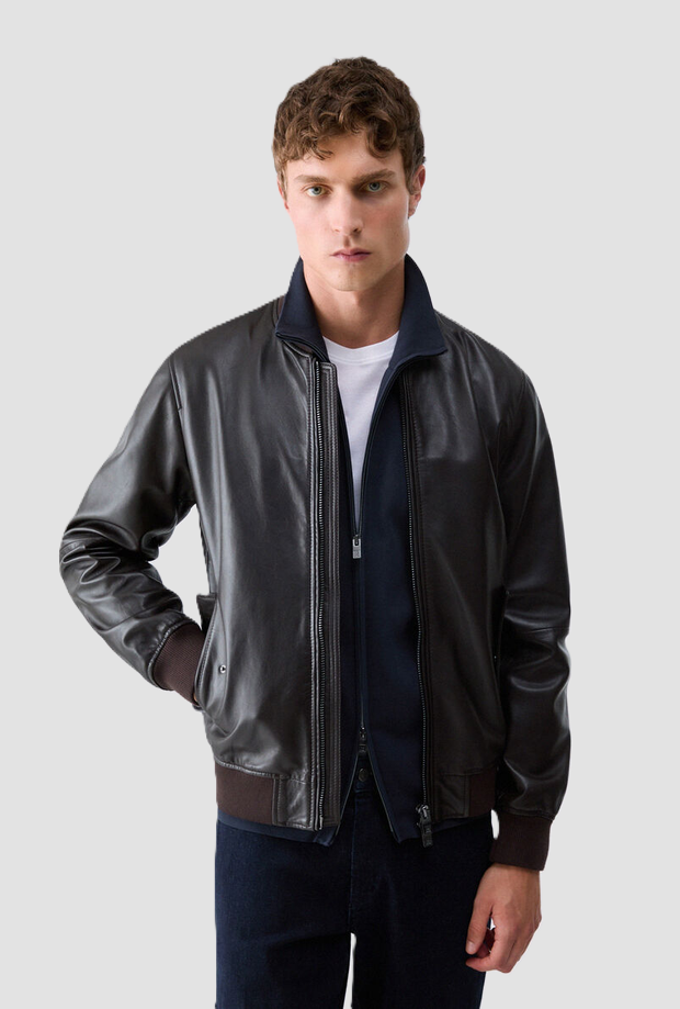 Bomber in pelle da uomo marrone scuro 