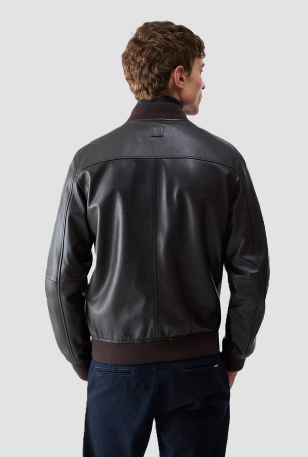 Bomber in pelle da uomo marrone scuro 