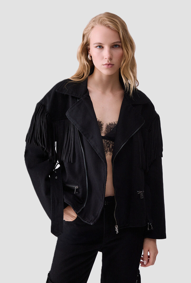 Giubbino in denim con frange donna nero 
