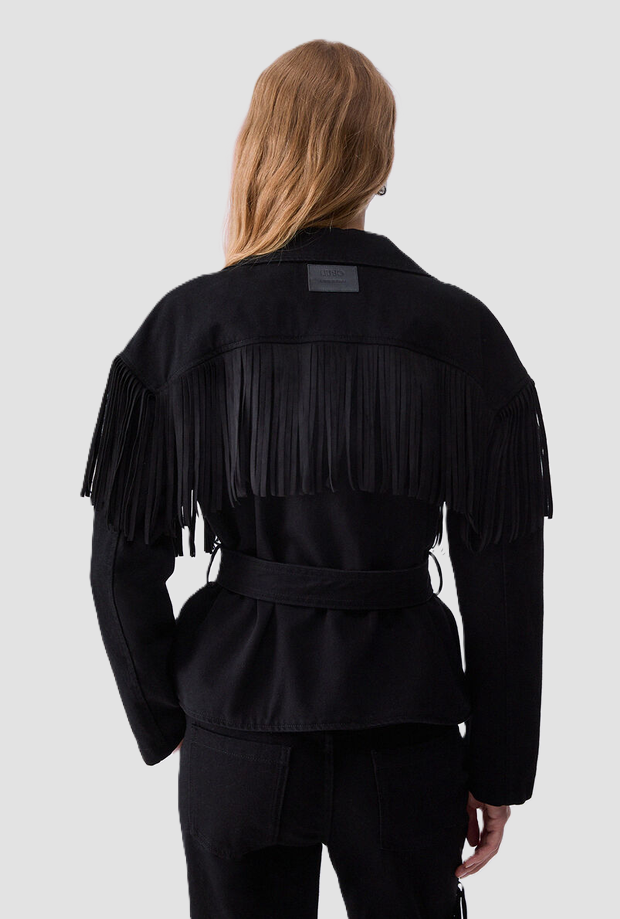 Giubbino in denim con frange donna nero 