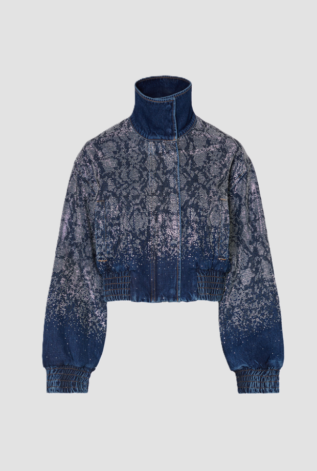 Bomber in denim con strass donna blu 