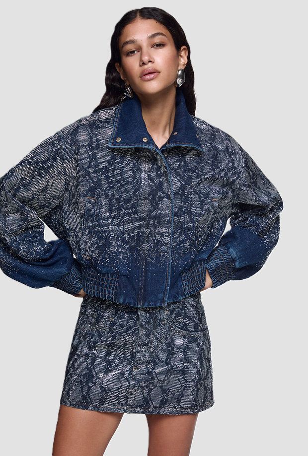 Bomber in denim con strass donna blu 