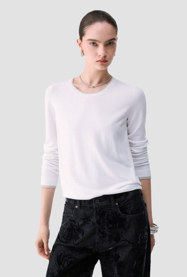 Maglia con profili lurex donna bianco lana 