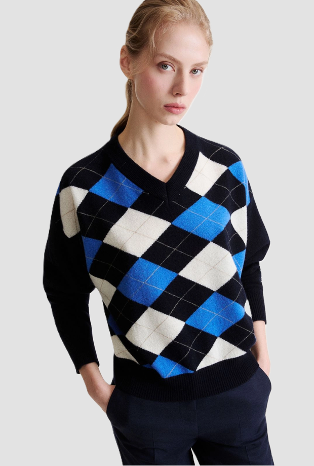 Maglia con scollo a V donna blu 