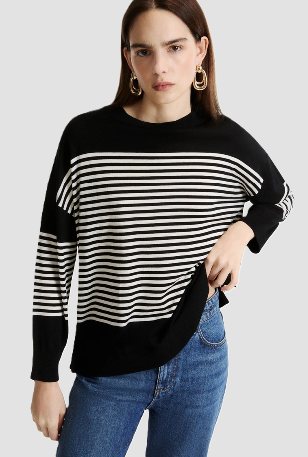 Maglia a righe in puro lyocell donna nero-bianco 