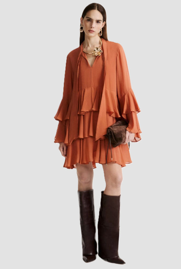 Abito con balze donna terracotta 