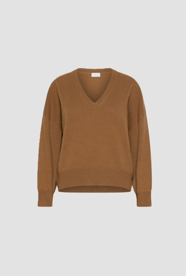Maglia con collo a V misto cashmere donna cammello 
