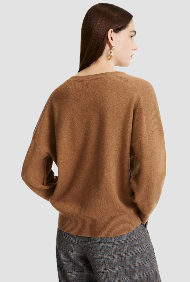 Maglia con collo a V misto cashmere donna cammello 