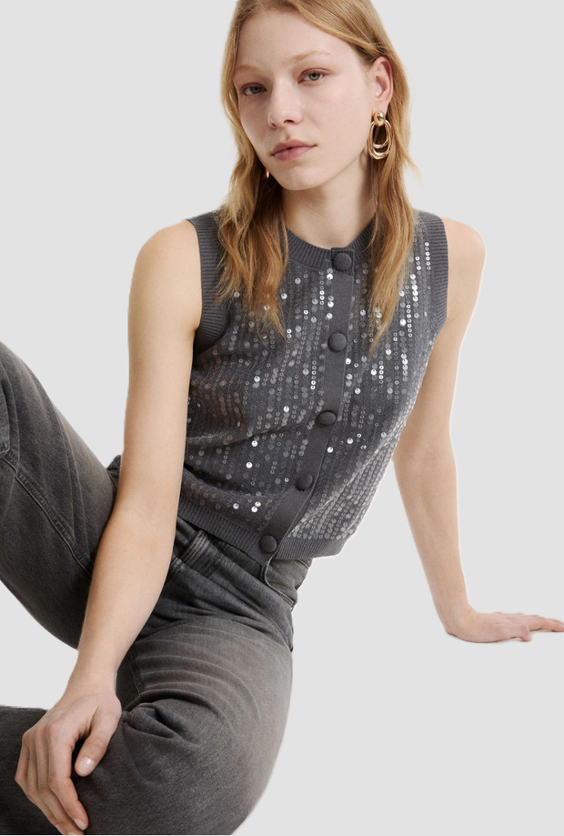 Gilet in maglia con paillettes donna grigio 