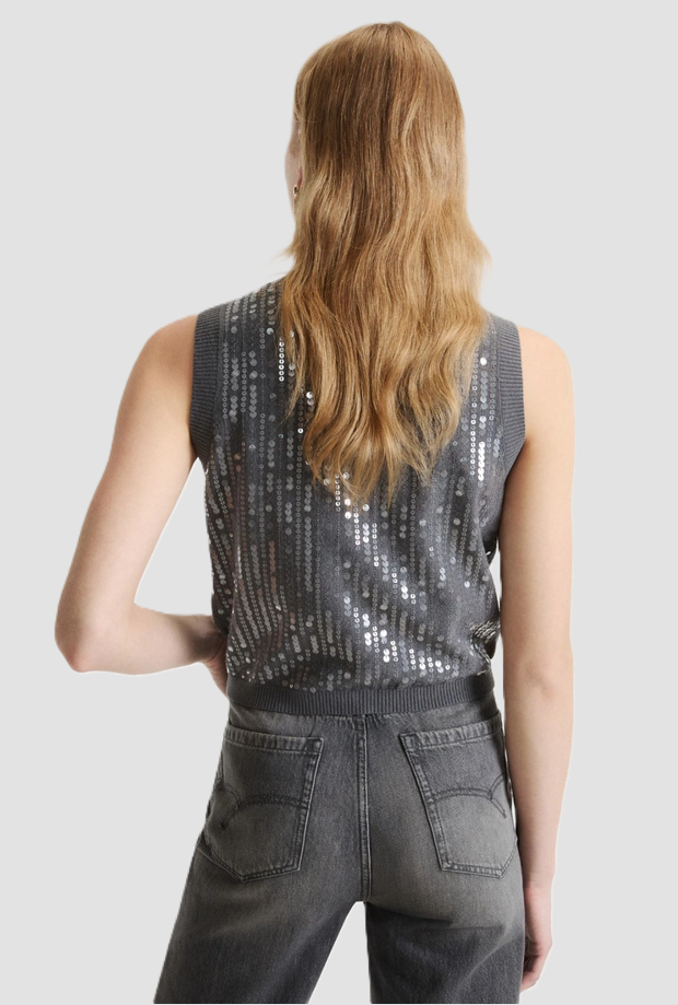 Gilet in maglia con paillettes donna grigio 