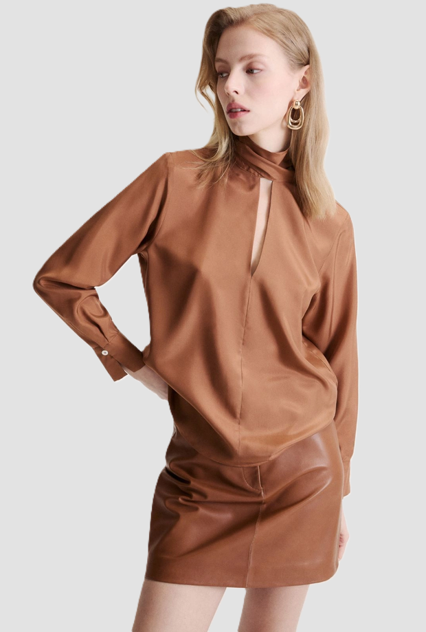 Camicia in seta habotai donna tabacco 