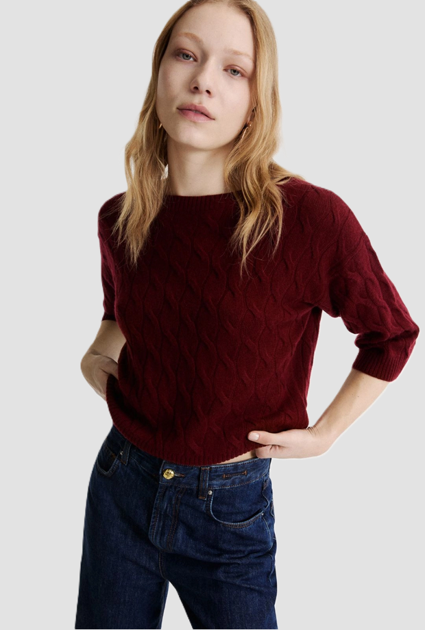 Maglia a trecce misto cashmere donna bordeaux 