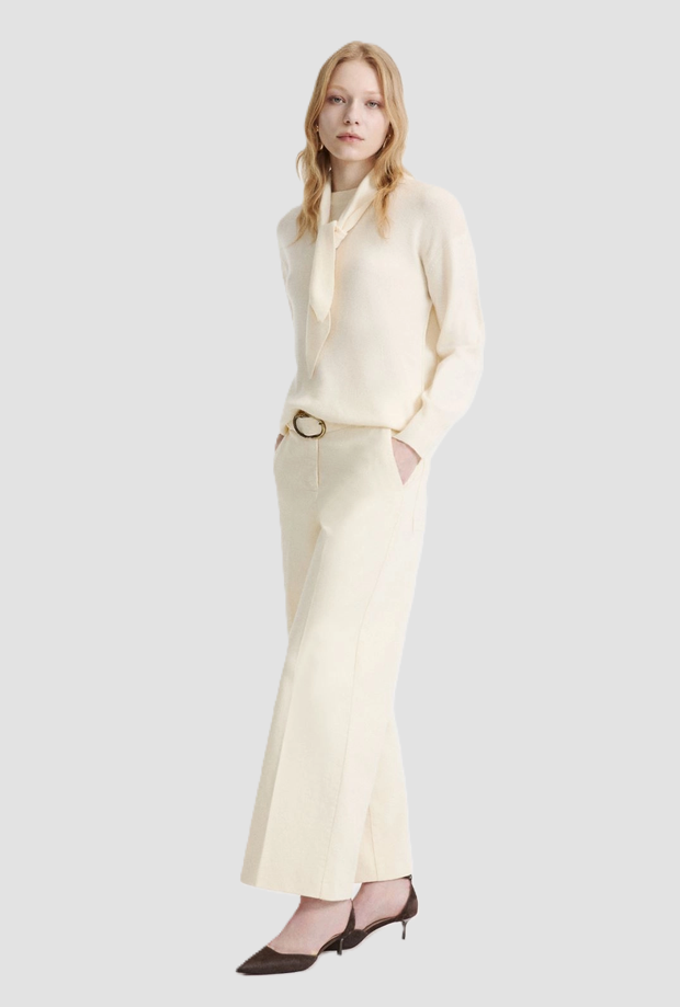 Pantalone wide leg con cintura donna panna 